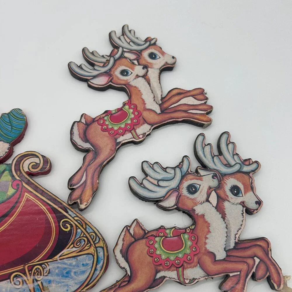 VTG Beistle Santa Sleigh & Reindeer Christmas Die Cut Decoration ON‎ WOOD